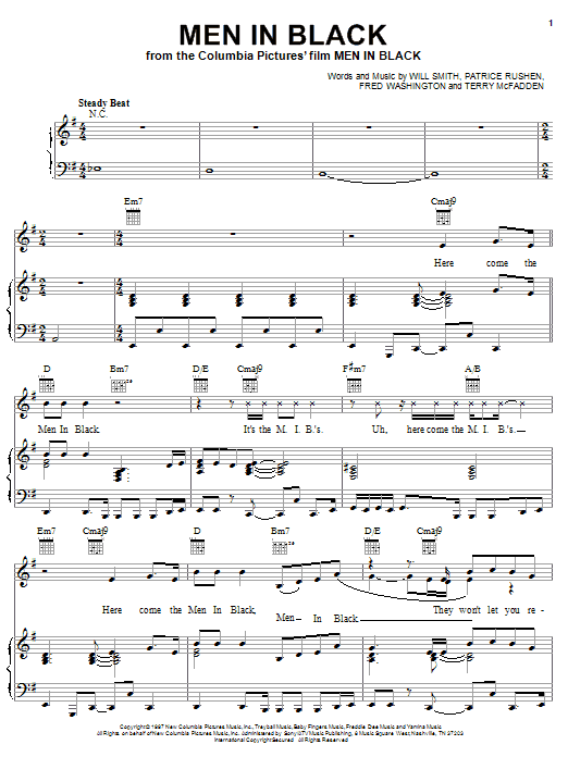 Preview Will Smith Men In Black Film and TV sheet music, notes and chords for Piano, Vocal & Guitar (Right-Hand Melody), SKU: 16542 sheet music, piano notes, chords, guitar tabs, score, transpose, transcribe, how to play, guide, download, learn, tutorial, progression, song, artist, awards, billboard, mtv, vh1, tour, single, album, release