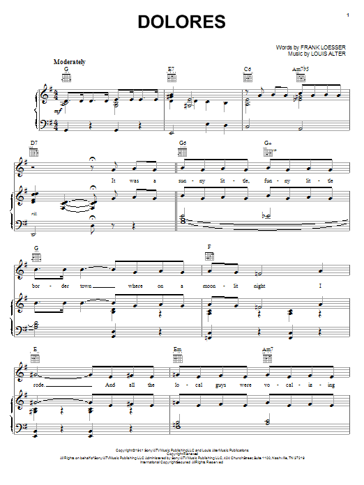 Preview Frank Loesser Dolores Jazz sheet music, notes and chords for Piano, Vocal & Guitar (Right-Hand Melody), SKU: 16544 sheet music, piano notes, chords, guitar tabs, score, transpose, transcribe, how to play, guide, download, learn, tutorial, progression, song, artist, awards, billboard, mtv, vh1, tour, single, album, release