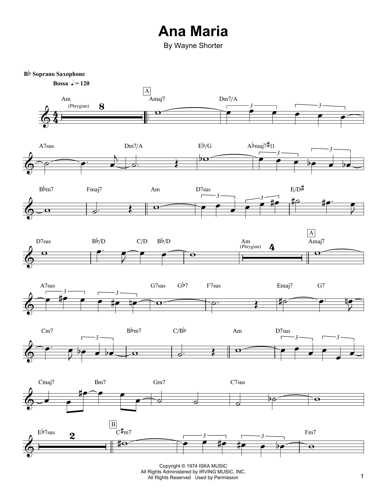 Preview Wayne Shorter Ana Maria Jazz sheet music, notes and chords for Soprano Sax Transcription, SKU: 165471 sheet music, piano notes, chords, guitar tabs, score, transpose, transcribe, how to play, guide, download, learn, tutorial, progression, song, artist, awards, billboard, mtv, vh1, tour, single, album, release