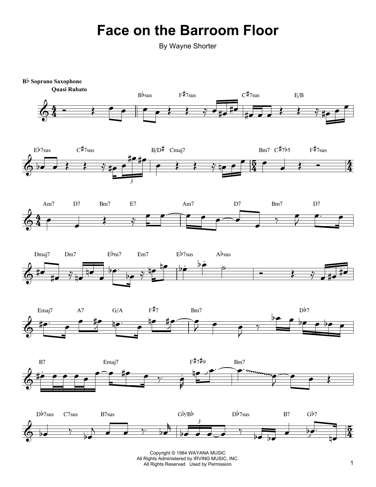 Preview Wayne Shorter Face On The Barroom Floor Jazz sheet music, notes and chords for Soprano Sax Transcription, SKU: 165479 sheet music, piano notes, chords, guitar tabs, score, transpose, transcribe, how to play, guide, download, learn, tutorial, progression, song, artist, awards, billboard, mtv, vh1, tour, single, album, release