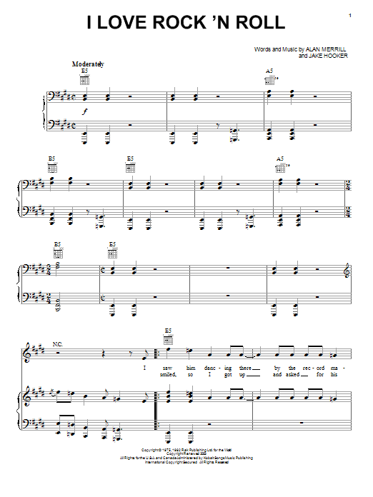Preview Joan Jett & The Blackhearts I Love Rock 'N Roll Rock sheet music, notes and chords for Piano, Vocal & Guitar (Right-Hand Melody), SKU: 16554 sheet music, piano notes, chords, guitar tabs, score, transpose, transcribe, how to play, guide, download, learn, tutorial, progression, song, artist, awards, billboard, mtv, vh1, tour, single, album, release