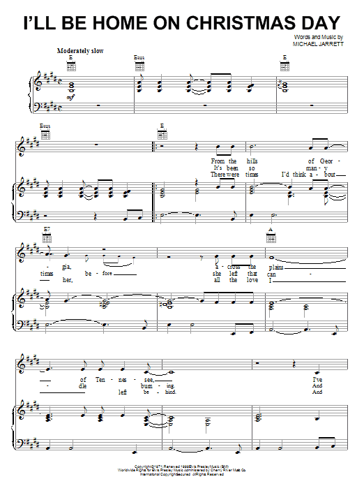 Preview Elvis Presley I'll Be Home On Christmas Day Pop sheet music, notes and chords for Piano, Vocal & Guitar (Right-Hand Melody), SKU: 16556 sheet music, piano notes, chords, guitar tabs, score, transpose, transcribe, how to play, guide, download, learn, tutorial, progression, song, artist, awards, billboard, mtv, vh1, tour, single, album, release