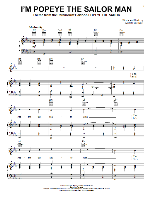 Preview Sammy Lerner I'm Popeye The Sailor Man Children sheet music, notes and chords for Piano, Vocal & Guitar (Right-Hand Melody), SKU: 16557 sheet music, piano notes, chords, guitar tabs, score, transpose, transcribe, how to play, guide, download, learn, tutorial, progression, song, artist, awards, billboard, mtv, vh1, tour, single, album, release
