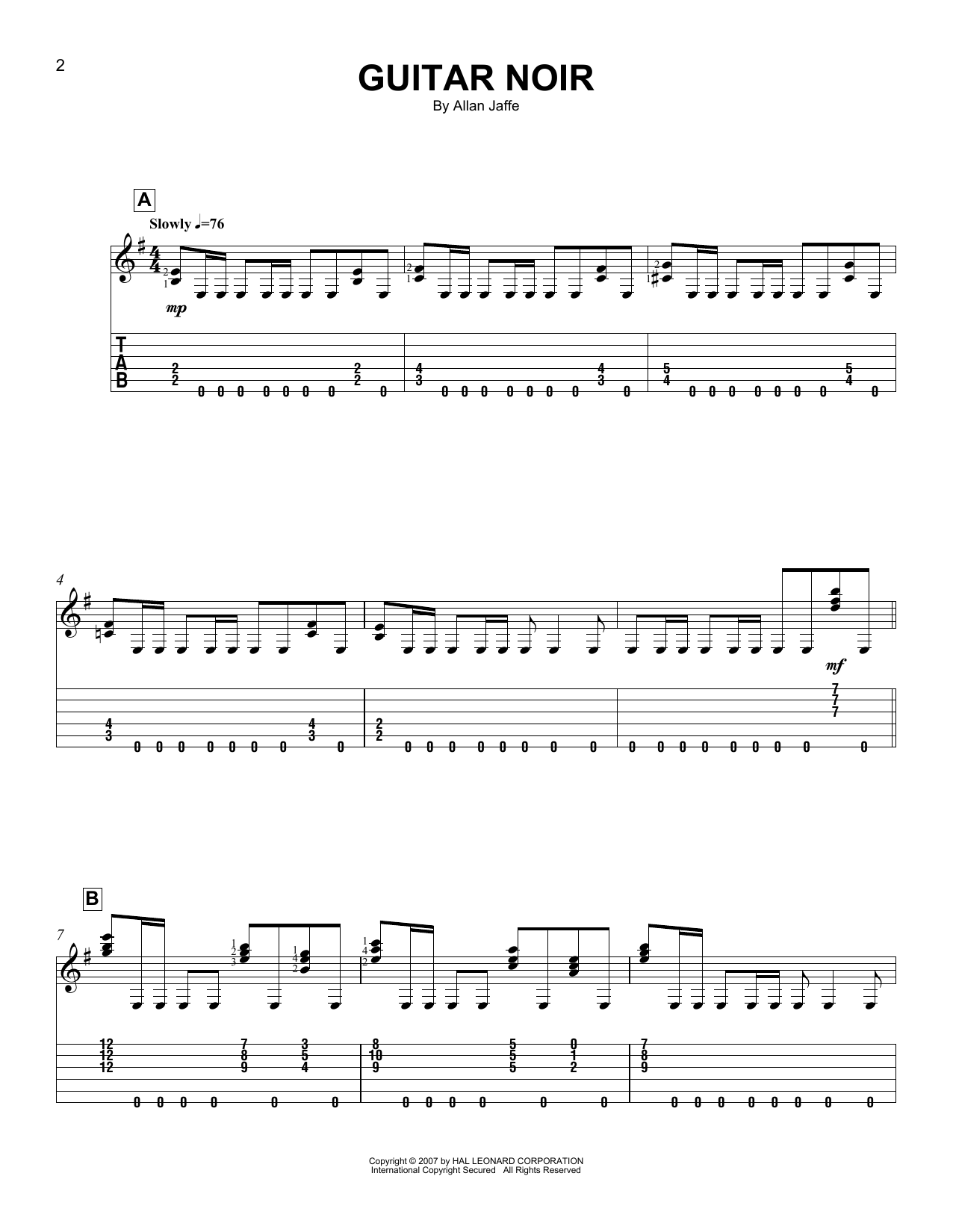 Preview Allan Jaffe Guitar Noir Unclassified sheet music, notes and chords for Easy Guitar Tab, SKU: 165585 sheet music, piano notes, chords, guitar tabs, score, transpose, transcribe, how to play, guide, download, learn, tutorial, progression, song, artist, awards, billboard, mtv, vh1, tour, single, album, release