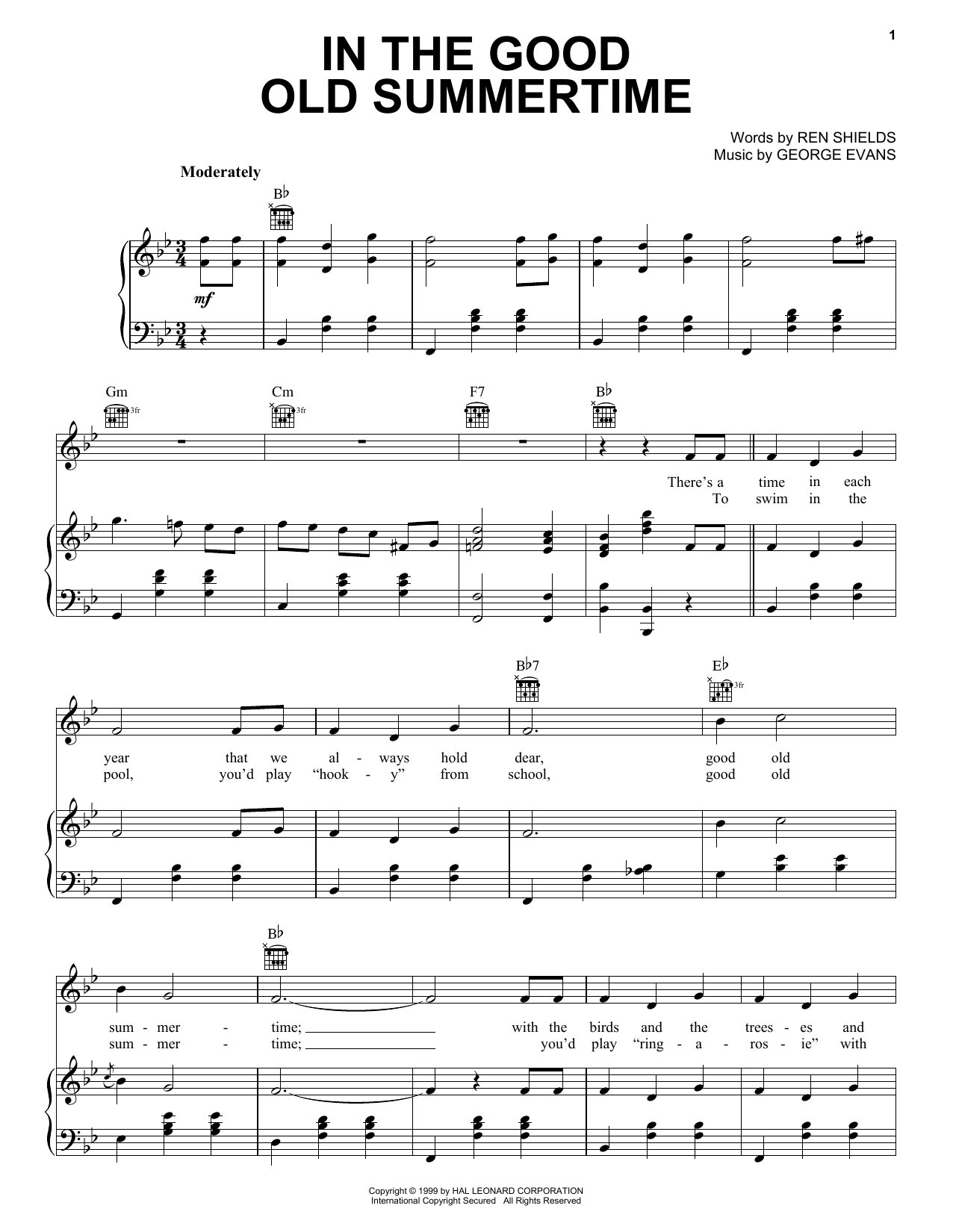 Preview Ren Shields In The Good Old Summertime Jazz sheet music, notes and chords for Piano, Vocal & Guitar (Right-Hand Melody), SKU: 16559 sheet music, piano notes, chords, guitar tabs, score, transpose, transcribe, how to play, guide, download, learn, tutorial, progression, song, artist, awards, billboard, mtv, vh1, tour, single, album, release