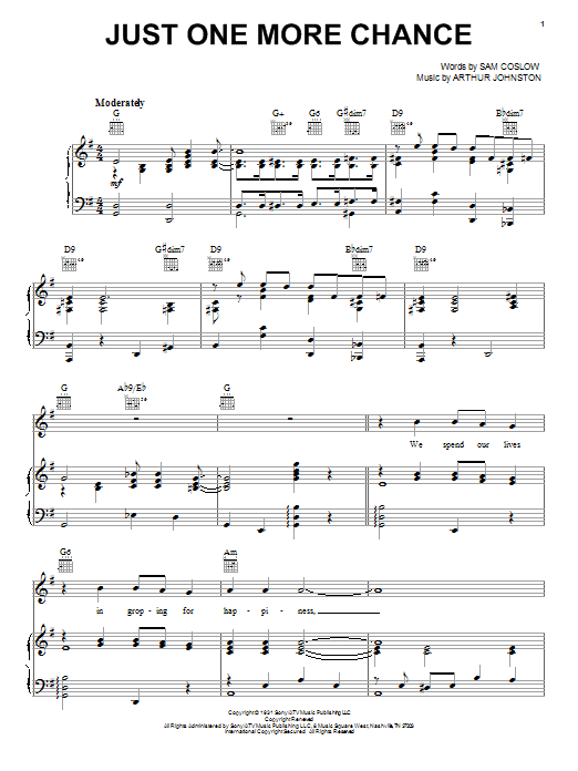 Preview Bing Crosby Just One More Chance Pop sheet music, notes and chords for Piano, Vocal & Guitar (Right-Hand Melody), SKU: 16562 sheet music, piano notes, chords, guitar tabs, score, transpose, transcribe, how to play, guide, download, learn, tutorial, progression, song, artist, awards, billboard, mtv, vh1, tour, single, album, release