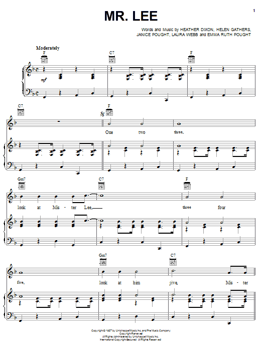Preview The Bobbettes Mr. Lee Pop sheet music, notes and chords for Piano, Vocal & Guitar (Right-Hand Melody), SKU: 16569 sheet music, piano notes, chords, guitar tabs, score, transpose, transcribe, how to play, guide, download, learn, tutorial, progression, song, artist, awards, billboard, mtv, vh1, tour, single, album, release