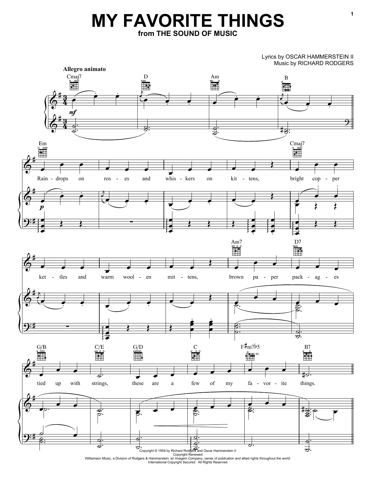 Preview Rodgers & Hammerstein My Favorite Things Folk sheet music, notes and chords for Piano, Vocal & Guitar (Right-Hand Melody), SKU: 16570 sheet music, piano notes, chords, guitar tabs, score, transpose, transcribe, how to play, guide, download, learn, tutorial, progression, song, artist, awards, billboard, mtv, vh1, tour, single, album, release