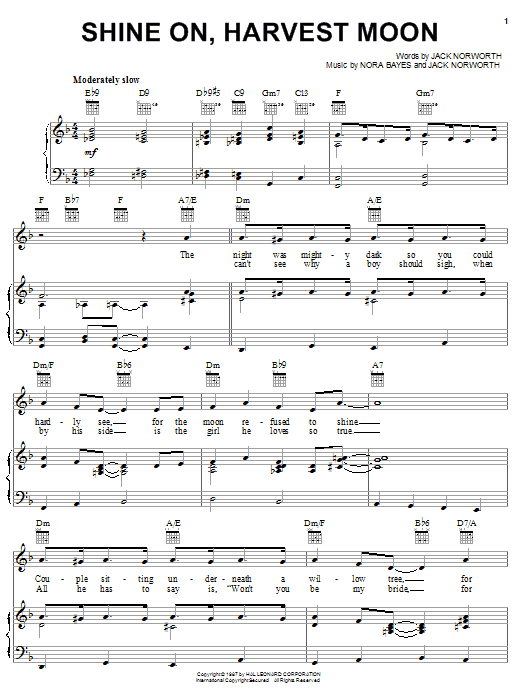 Preview Jack Norworth Shine On, Harvest Moon Jazz sheet music, notes and chords for Piano, Vocal & Guitar (Right-Hand Melody), SKU: 16576 sheet music, piano notes, chords, guitar tabs, score, transpose, transcribe, how to play, guide, download, learn, tutorial, progression, song, artist, awards, billboard, mtv, vh1, tour, single, album, release