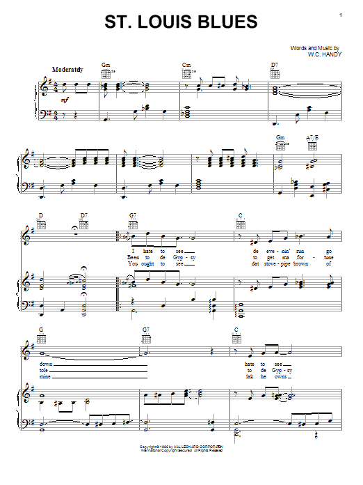Preview W.C. Handy St. Louis Blues Jazz sheet music, notes and chords for Piano, Vocal & Guitar (Right-Hand Melody), SKU: 16579 sheet music, piano notes, chords, guitar tabs, score, transpose, transcribe, how to play, guide, download, learn, tutorial, progression, song, artist, awards, billboard, mtv, vh1, tour, single, album, release
