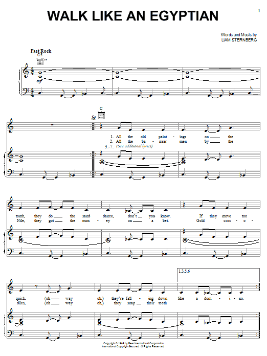 Preview The Bangles Walk Like An Egyptian Rock sheet music, notes and chords for Piano, Vocal & Guitar (Right-Hand Melody), SKU: 16583 sheet music, piano notes, chords, guitar tabs, score, transpose, transcribe, how to play, guide, download, learn, tutorial, progression, song, artist, awards, billboard, mtv, vh1, tour, single, album, release