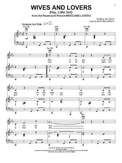 Preview Bacharach & David Wives And Lovers (Hey, Little Girl) Pop sheet music, notes and chords for Piano, Vocal & Guitar (Right-Hand Melody), SKU: 16584 sheet music, piano notes, chords, guitar tabs, score, transpose, transcribe, how to play, guide, download, learn, tutorial, progression, song, artist, awards, billboard, mtv, vh1, tour, single, album, release