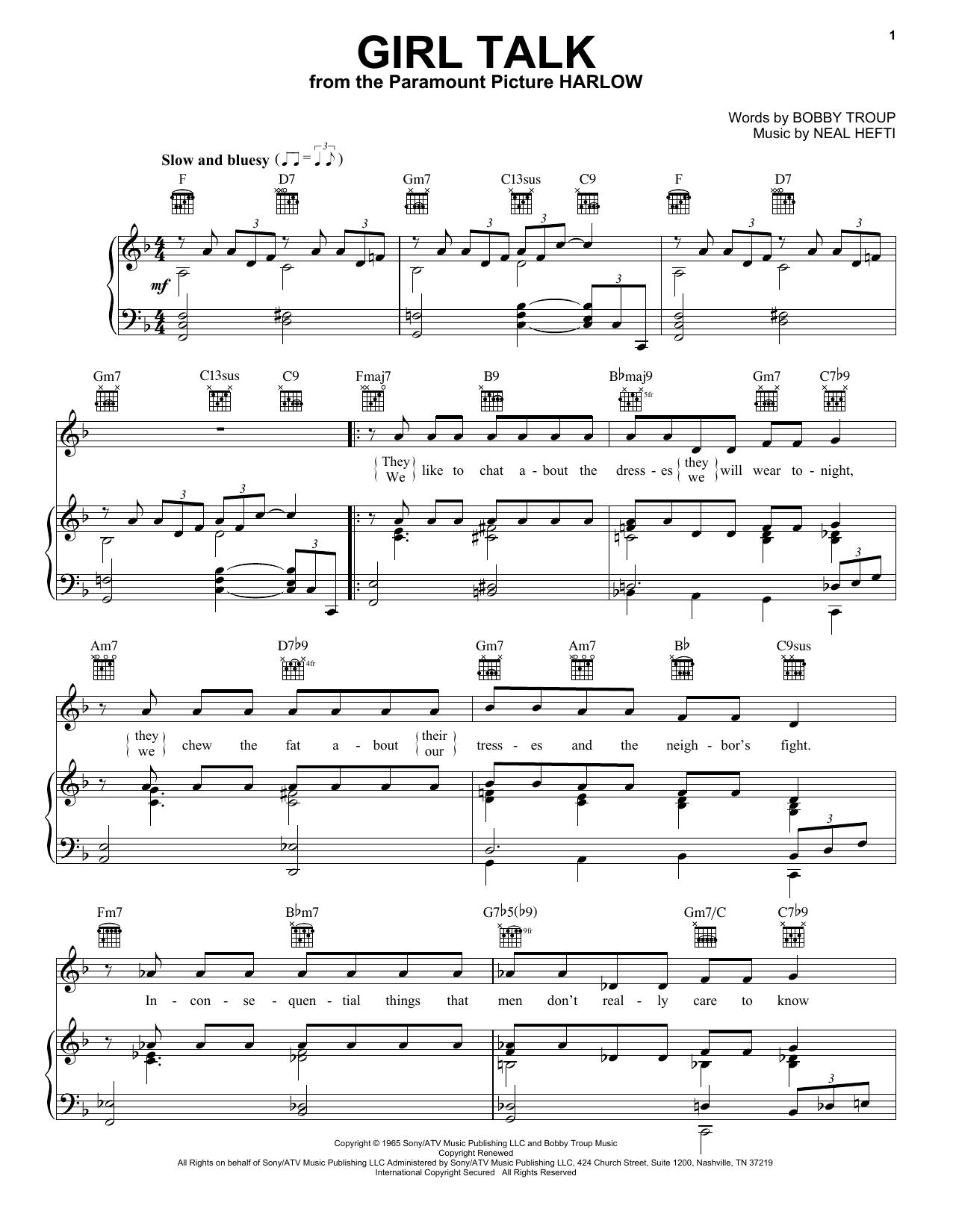 Preview Neal Hefti Girl Talk Jazz sheet music, notes and chords for Piano, Vocal & Guitar (Right-Hand Melody), SKU: 16586 sheet music, piano notes, chords, guitar tabs, score, transpose, transcribe, how to play, guide, download, learn, tutorial, progression, song, artist, awards, billboard, mtv, vh1, tour, single, album, release