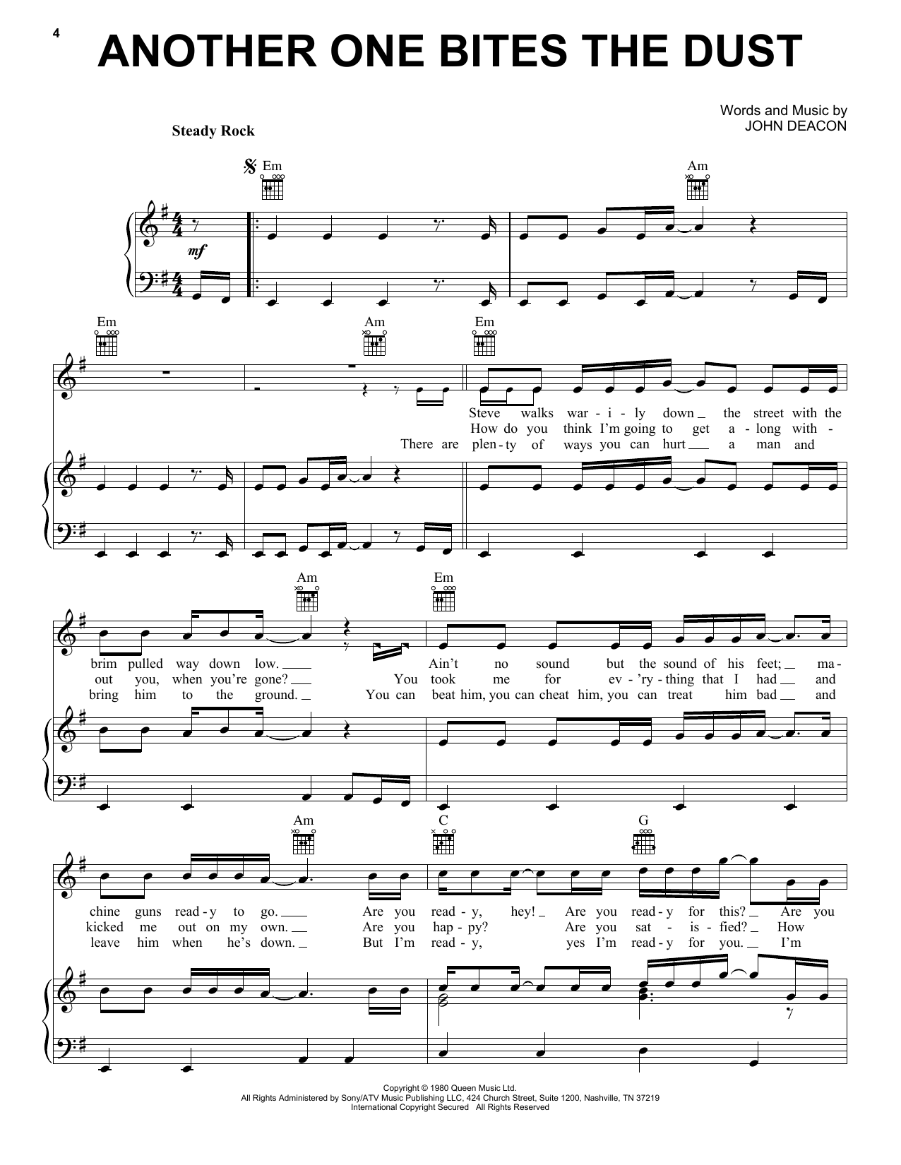 Preview Queen Another One Bites The Dust Rock sheet music, notes and chords for Piano, Vocal & Guitar (Right-Hand Melody), SKU: 16587 sheet music, piano notes, chords, guitar tabs, score, transpose, transcribe, how to play, guide, download, learn, tutorial, progression, song, artist, awards, billboard, mtv, vh1, tour, single, album, release