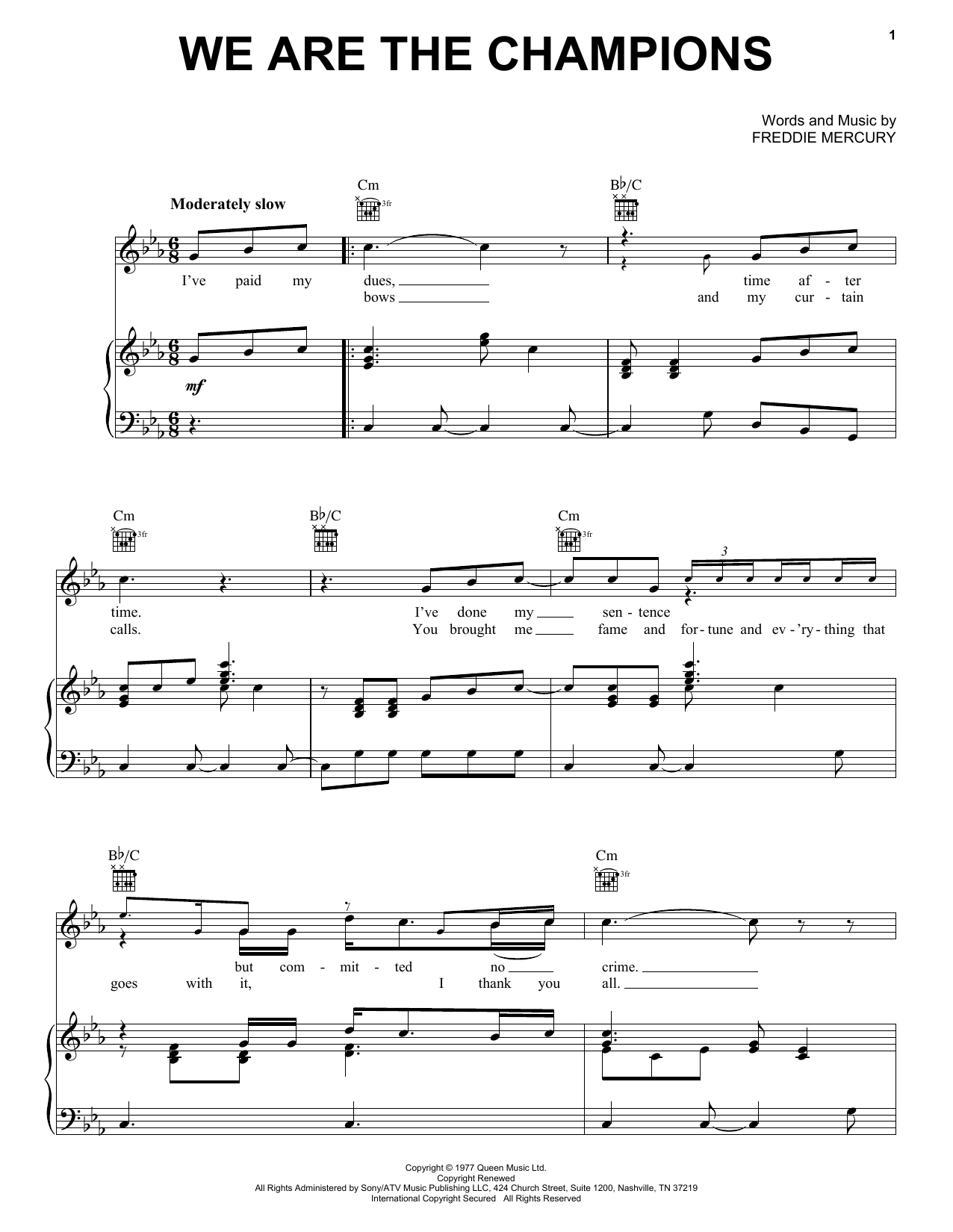 Preview Queen We Are The Champions Pop sheet music, notes and chords for Piano, Vocal & Guitar (Right-Hand Melody), SKU: 16588 sheet music, piano notes, chords, guitar tabs, score, transpose, transcribe, how to play, guide, download, learn, tutorial, progression, song, artist, awards, billboard, mtv, vh1, tour, single, album, release