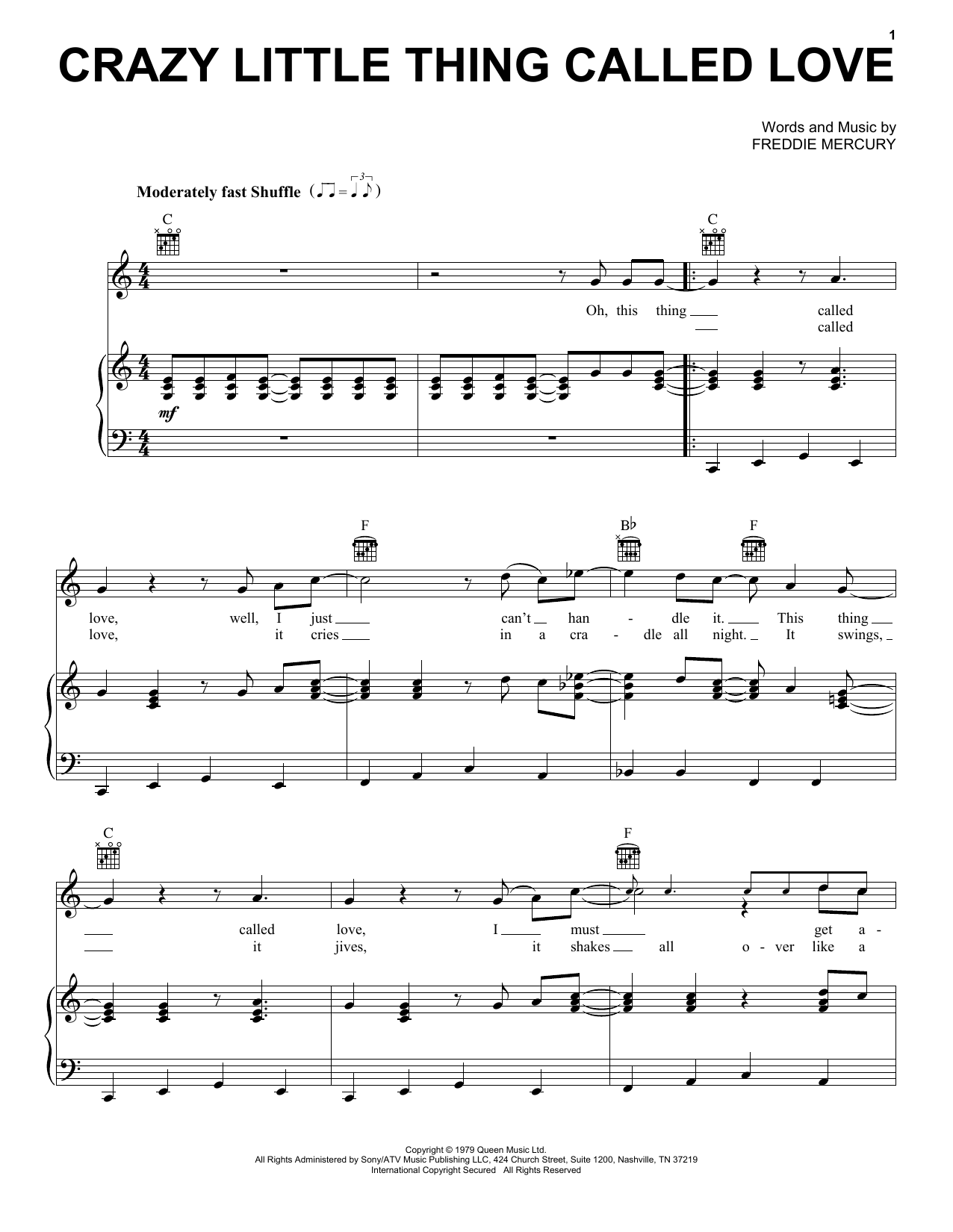 Preview Queen Crazy Little Thing Called Love Rock sheet music, notes and chords for Piano, Vocal & Guitar (Right-Hand Melody), SKU: 16589 sheet music, piano notes, chords, guitar tabs, score, transpose, transcribe, how to play, guide, download, learn, tutorial, progression, song, artist, awards, billboard, mtv, vh1, tour, single, album, release