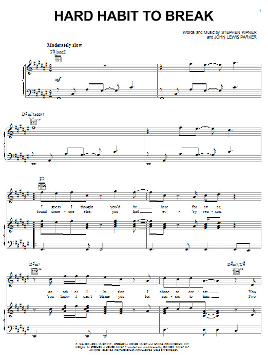 Preview Chicago Hard Habit To Break Pop sheet music, notes and chords for Piano, Vocal & Guitar (Right-Hand Melody), SKU: 16590 sheet music, piano notes, chords, guitar tabs, score, transpose, transcribe, how to play, guide, download, learn, tutorial, progression, song, artist, awards, billboard, mtv, vh1, tour, single, album, release
