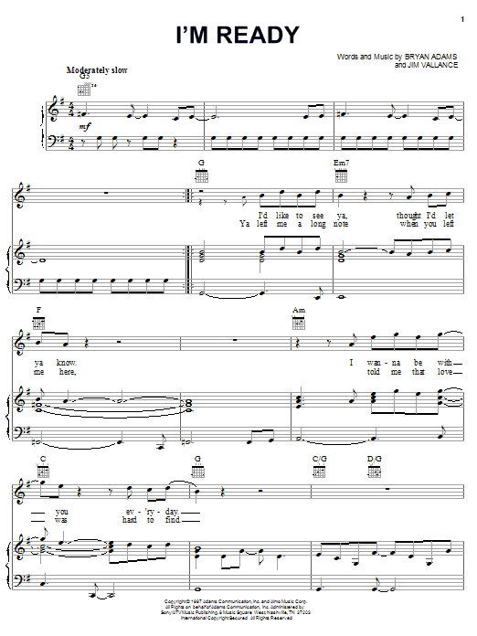 Preview Bryan Adams I'm Ready Rock sheet music, notes and chords for Piano, Vocal & Guitar (Right-Hand Melody), SKU: 16593 sheet music, piano notes, chords, guitar tabs, score, transpose, transcribe, how to play, guide, download, learn, tutorial, progression, song, artist, awards, billboard, mtv, vh1, tour, single, album, release
