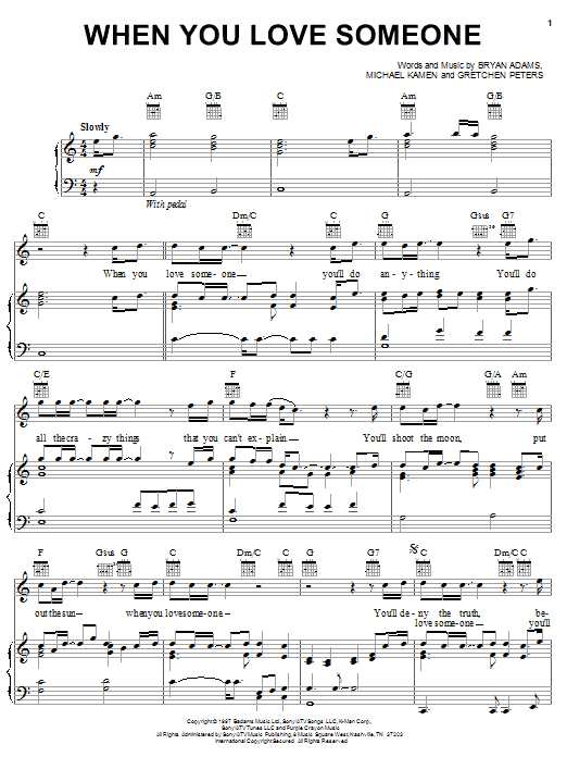 Preview Bryan Adams When You Love Someone Rock sheet music, notes and chords for Piano, Vocal & Guitar (Right-Hand Melody), SKU: 16594 sheet music, piano notes, chords, guitar tabs, score, transpose, transcribe, how to play, guide, download, learn, tutorial, progression, song, artist, awards, billboard, mtv, vh1, tour, single, album, release