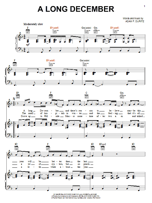 Preview Counting Crows A Long December Pop sheet music, notes and chords for Piano, Vocal & Guitar (Right-Hand Melody), SKU: 16604 sheet music, piano notes, chords, guitar tabs, score, transpose, transcribe, how to play, guide, download, learn, tutorial, progression, song, artist, awards, billboard, mtv, vh1, tour, single, album, release