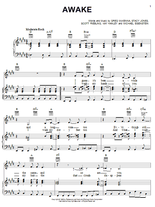 Preview Letters To Cleo Awake Rock sheet music, notes and chords for Piano, Vocal & Guitar (Right-Hand Melody), SKU: 16605 sheet music, piano notes, chords, guitar tabs, score, transpose, transcribe, how to play, guide, download, learn, tutorial, progression, song, artist, awards, billboard, mtv, vh1, tour, single, album, release