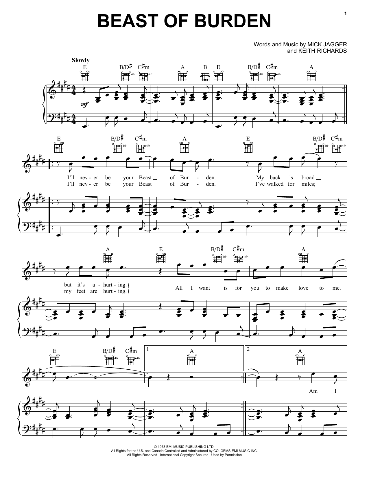 Preview The Rolling Stones Beast Of Burden Rock sheet music, notes and chords for Piano, Vocal & Guitar (Right-Hand Melody), SKU: 16606 sheet music, piano notes, chords, guitar tabs, score, transpose, transcribe, how to play, guide, download, learn, tutorial, progression, song, artist, awards, billboard, mtv, vh1, tour, single, album, release