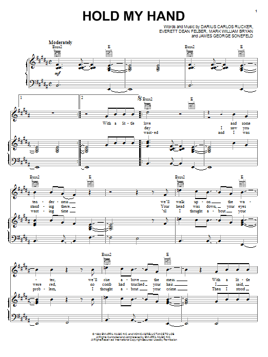 Preview Hootie & The Blowfish Hold My Hand Rock sheet music, notes and chords for Piano, Vocal & Guitar (Right-Hand Melody), SKU: 16608 sheet music, piano notes, chords, guitar tabs, score, transpose, transcribe, how to play, guide, download, learn, tutorial, progression, song, artist, awards, billboard, mtv, vh1, tour, single, album, release