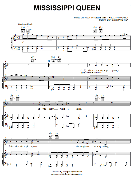 Preview Mountain Mississippi Queen Pop sheet music, notes and chords for Piano, Vocal & Guitar (Right-Hand Melody), SKU: 16610 sheet music, piano notes, chords, guitar tabs, score, transpose, transcribe, how to play, guide, download, learn, tutorial, progression, song, artist, awards, billboard, mtv, vh1, tour, single, album, release