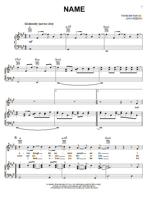 Preview Goo Goo Dolls Name Rock sheet music, notes and chords for Piano, Vocal & Guitar (Right-Hand Melody), SKU: 16611 sheet music, piano notes, chords, guitar tabs, score, transpose, transcribe, how to play, guide, download, learn, tutorial, progression, song, artist, awards, billboard, mtv, vh1, tour, single, album, release