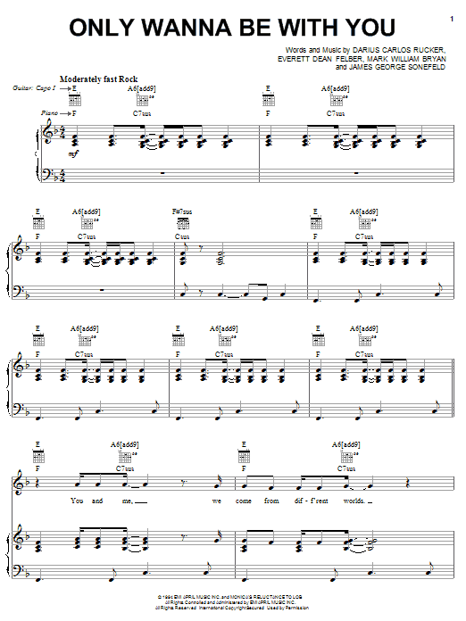 Preview Hootie & The Blowfish Only Wanna Be With You Rock sheet music, notes and chords for Piano, Vocal & Guitar (Right-Hand Melody), SKU: 16613 sheet music, piano notes, chords, guitar tabs, score, transpose, transcribe, how to play, guide, download, learn, tutorial, progression, song, artist, awards, billboard, mtv, vh1, tour, single, album, release