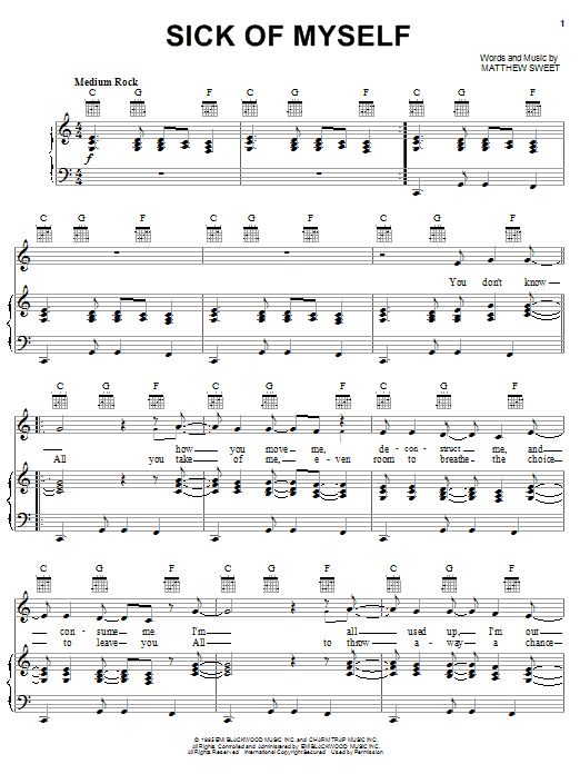 Preview Matthew Sweet Sick Of Myself Pop sheet music, notes and chords for Piano, Vocal & Guitar (Right-Hand Melody), SKU: 16614 sheet music, piano notes, chords, guitar tabs, score, transpose, transcribe, how to play, guide, download, learn, tutorial, progression, song, artist, awards, billboard, mtv, vh1, tour, single, album, release