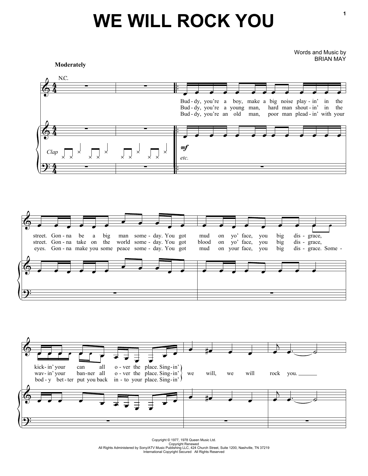Preview Queen We Will Rock You Rock sheet music, notes and chords for Piano, Vocal & Guitar (Right-Hand Melody), SKU: 16616 sheet music, piano notes, chords, guitar tabs, score, transpose, transcribe, how to play, guide, download, learn, tutorial, progression, song, artist, awards, billboard, mtv, vh1, tour, single, album, release