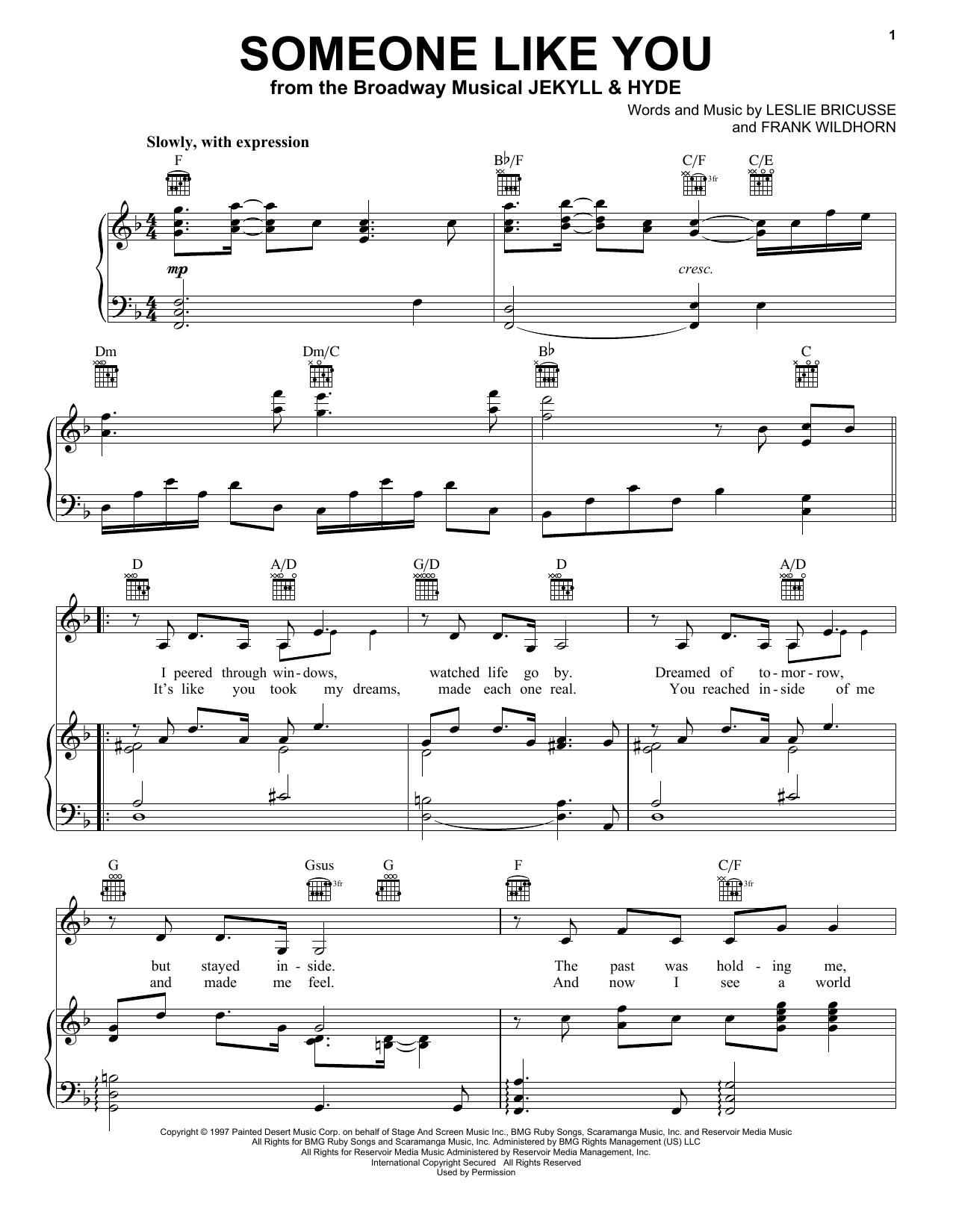 Preview Leslie Bricusse Someone Like You Musicals sheet music, notes and chords for Piano, Vocal & Guitar (Right-Hand Melody), SKU: 16618 sheet music, piano notes, chords, guitar tabs, score, transpose, transcribe, how to play, guide, download, learn, tutorial, progression, song, artist, awards, billboard, mtv, vh1, tour, single, album, release