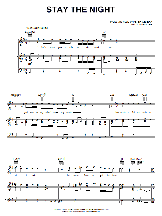 Preview Chicago Stay The Night Pop sheet music, notes and chords for Piano, Vocal & Guitar (Right-Hand Melody), SKU: 16622 sheet music, piano notes, chords, guitar tabs, score, transpose, transcribe, how to play, guide, download, learn, tutorial, progression, song, artist, awards, billboard, mtv, vh1, tour, single, album, release