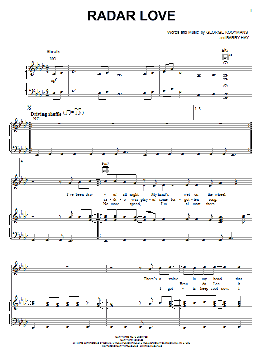 Preview Golden Earring Radar Love Pop sheet music, notes and chords for Piano, Vocal & Guitar (Right-Hand Melody), SKU: 16623 sheet music, piano notes, chords, guitar tabs, score, transpose, transcribe, how to play, guide, download, learn, tutorial, progression, song, artist, awards, billboard, mtv, vh1, tour, single, album, release