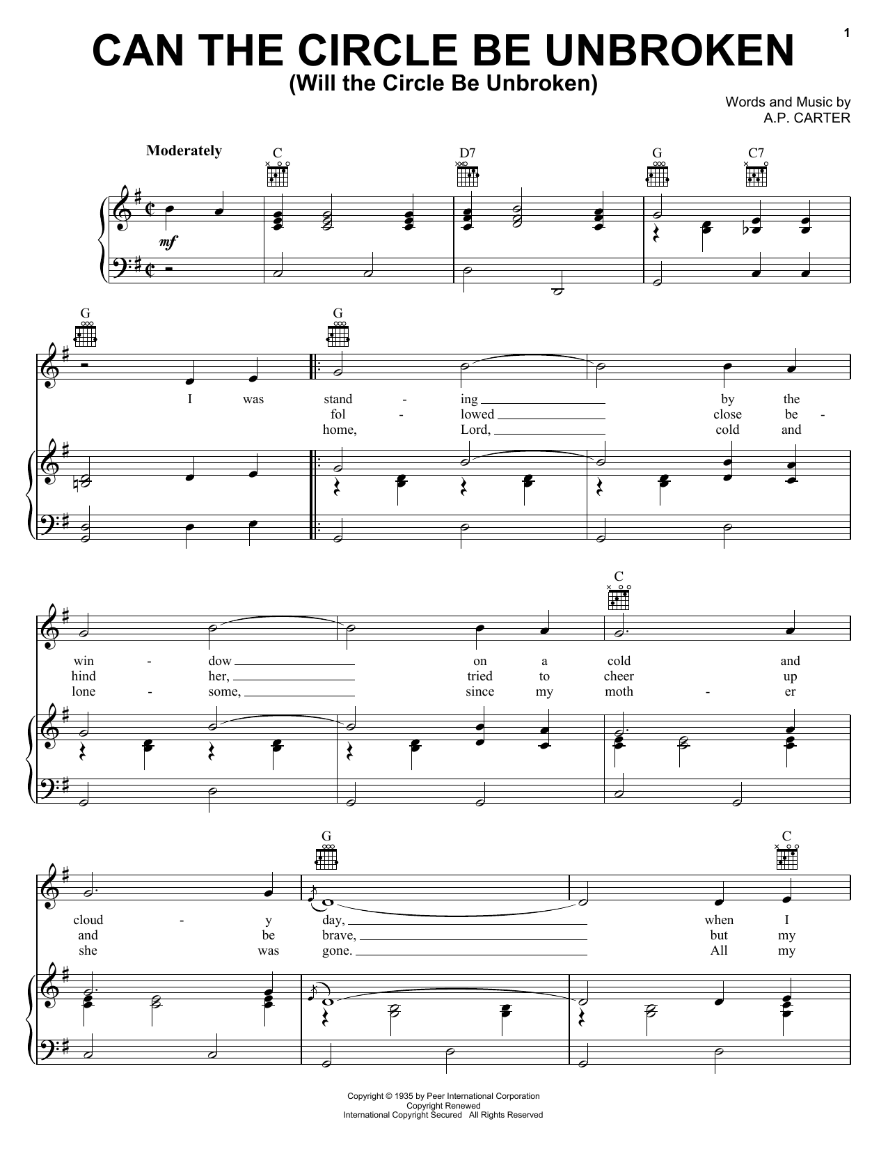 Preview The Carter Family Can The Circle Be Unbroken (Will The Circle Be Unbroken) Folk sheet music, notes and chords for Piano, Vocal & Guitar (Right-Hand Melody), SKU: 16625 sheet music, piano notes, chords, guitar tabs, score, transpose, transcribe, how to play, guide, download, learn, tutorial, progression, song, artist, awards, billboard, mtv, vh1, tour, single, album, release
