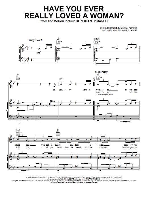 Preview Bryan Adams Have You Ever Really Loved A Woman? Pop sheet music, notes and chords for Piano, Vocal & Guitar (Right-Hand Melody), SKU: 16626 sheet music, piano notes, chords, guitar tabs, score, transpose, transcribe, how to play, guide, download, learn, tutorial, progression, song, artist, awards, billboard, mtv, vh1, tour, single, album, release