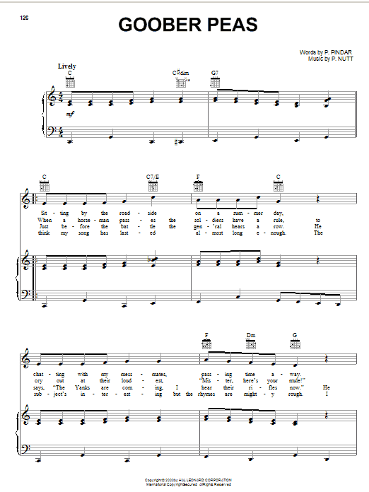 Preview P. Nutt Goober Peas Folk sheet music, notes and chords for Piano, Vocal & Guitar (Right-Hand Melody), SKU: 16628 sheet music, piano notes, chords, guitar tabs, score, transpose, transcribe, how to play, guide, download, learn, tutorial, progression, song, artist, awards, billboard, mtv, vh1, tour, single, album, release