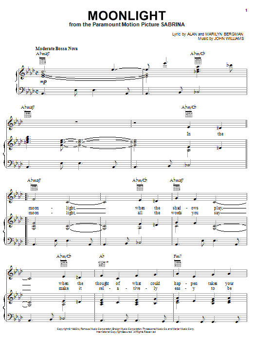 Preview Sting Moonlight (from Sabrina) Film and TV sheet music, notes and chords for Piano, Vocal & Guitar (Right-Hand Melody), SKU: 16629 sheet music, piano notes, chords, guitar tabs, score, transpose, transcribe, how to play, guide, download, learn, tutorial, progression, song, artist, awards, billboard, mtv, vh1, tour, single, album, release