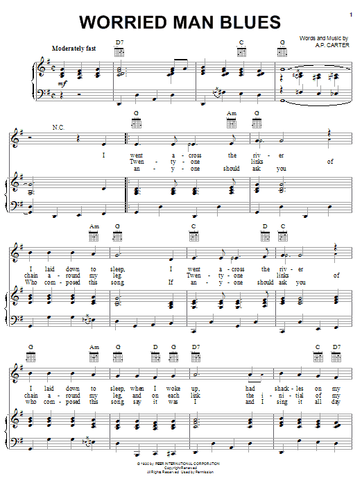 Preview The Carter Family Worried Man Blues Rock sheet music, notes and chords for Piano, Vocal & Guitar (Right-Hand Melody), SKU: 16632 sheet music, piano notes, chords, guitar tabs, score, transpose, transcribe, how to play, guide, download, learn, tutorial, progression, song, artist, awards, billboard, mtv, vh1, tour, single, album, release
