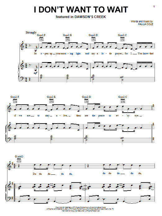 Preview Paula Cole I Don't Want To Wait Rock sheet music, notes and chords for Piano, Vocal & Guitar (Right-Hand Melody), SKU: 16634 sheet music, piano notes, chords, guitar tabs, score, transpose, transcribe, how to play, guide, download, learn, tutorial, progression, song, artist, awards, billboard, mtv, vh1, tour, single, album, release