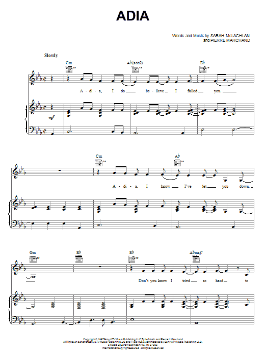 Preview Sarah McLachlan Adia Rock sheet music, notes and chords for Piano, Vocal & Guitar (Right-Hand Melody), SKU: 16635 sheet music, piano notes, chords, guitar tabs, score, transpose, transcribe, how to play, guide, download, learn, tutorial, progression, song, artist, awards, billboard, mtv, vh1, tour, single, album, release