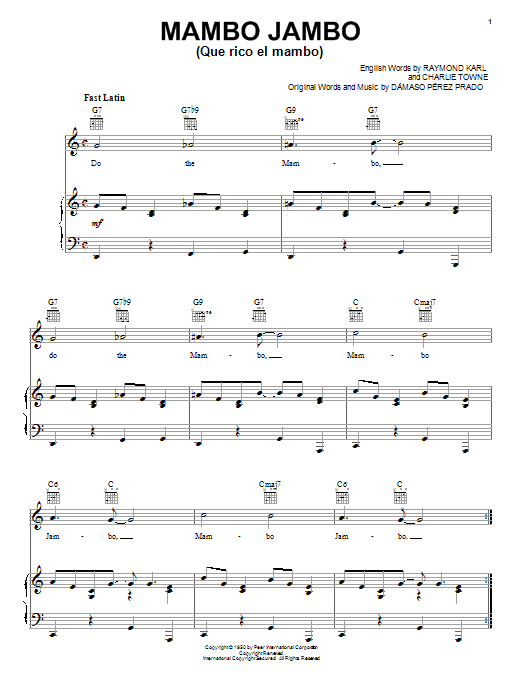 Preview Perez Prado Mambo Jambo (Que Rico El Mambo) Jazz sheet music, notes and chords for Piano, Vocal & Guitar (Right-Hand Melody), SKU: 16636 sheet music, piano notes, chords, guitar tabs, score, transpose, transcribe, how to play, guide, download, learn, tutorial, progression, song, artist, awards, billboard, mtv, vh1, tour, single, album, release