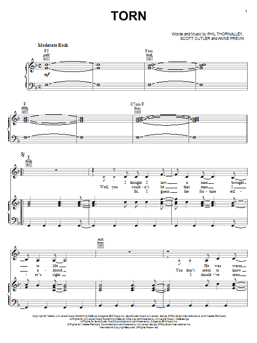 Preview Natalie Imbruglia Torn Rock sheet music, notes and chords for Piano, Vocal & Guitar (Right-Hand Melody), SKU: 16641 sheet music, piano notes, chords, guitar tabs, score, transpose, transcribe, how to play, guide, download, learn, tutorial, progression, song, artist, awards, billboard, mtv, vh1, tour, single, album, release