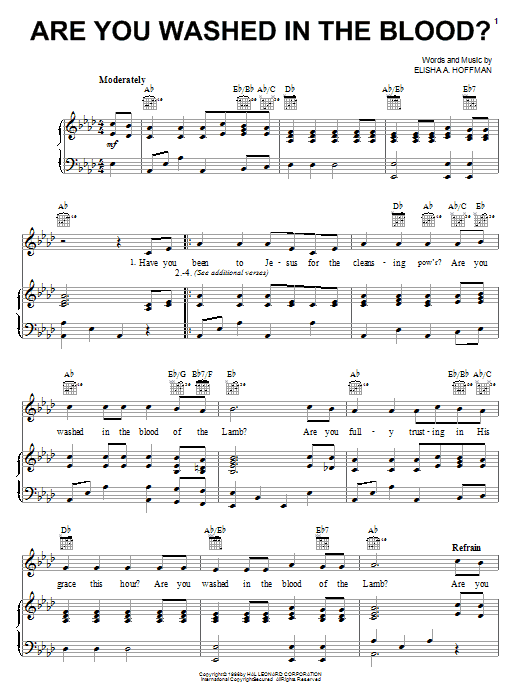 Preview Elisha A. Hoffman Are You Washed In The Blood? Hymn sheet music, notes and chords for Piano, Vocal & Guitar (Right-Hand Melody), SKU: 16643 sheet music, piano notes, chords, guitar tabs, score, transpose, transcribe, how to play, guide, download, learn, tutorial, progression, song, artist, awards, billboard, mtv, vh1, tour, single, album, release