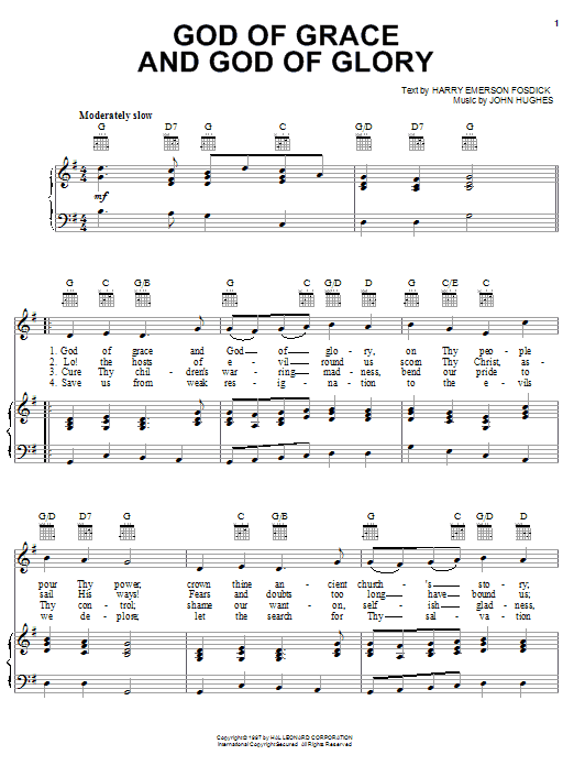 Preview Harry Emerson Fosdick God Of Grace And God Of Glory Hymn sheet music, notes and chords for Piano, Vocal & Guitar (Right-Hand Melody), SKU: 16652 sheet music, piano notes, chords, guitar tabs, score, transpose, transcribe, how to play, guide, download, learn, tutorial, progression, song, artist, awards, billboard, mtv, vh1, tour, single, album, release