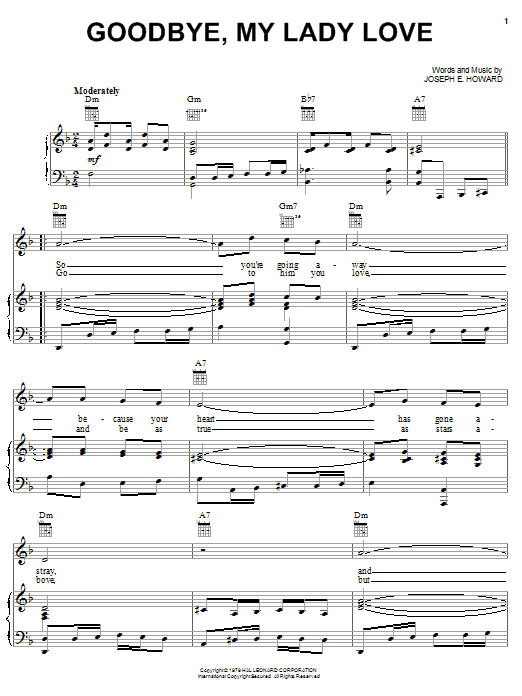 Preview Joseph E. Howard Goodbye, My Lady Love Jazz sheet music, notes and chords for Piano, Vocal & Guitar (Right-Hand Melody), SKU: 16654 sheet music, piano notes, chords, guitar tabs, score, transpose, transcribe, how to play, guide, download, learn, tutorial, progression, song, artist, awards, billboard, mtv, vh1, tour, single, album, release