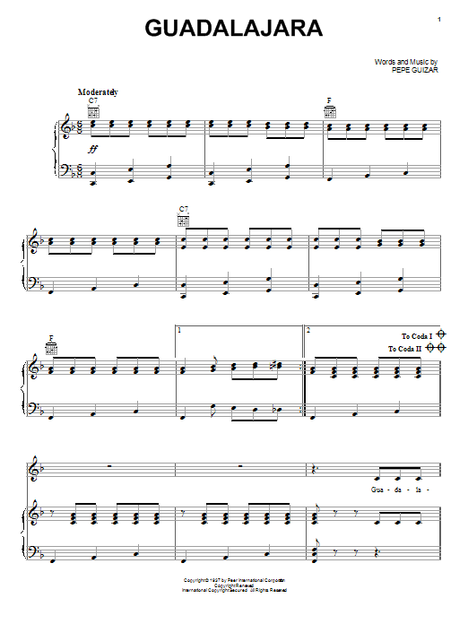 Preview Pepe Guizar Guadalajara World sheet music, notes and chords for Piano, Vocal & Guitar (Right-Hand Melody), SKU: 16655 sheet music, piano notes, chords, guitar tabs, score, transpose, transcribe, how to play, guide, download, learn, tutorial, progression, song, artist, awards, billboard, mtv, vh1, tour, single, album, release