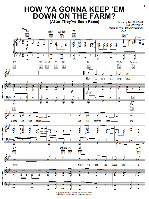 Preview Nora Bayes How 'Ya Gonna Keep 'em Down On The Farm? (After They've Seen Paree) Jazz sheet music, notes and chords for Piano, Vocal & Guitar (Right-Hand Melody), SKU: 16657 sheet music, piano notes, chords, guitar tabs, score, transpose, transcribe, how to play, guide, download, learn, tutorial, progression, song, artist, awards, billboard, mtv, vh1, tour, single, album, release
