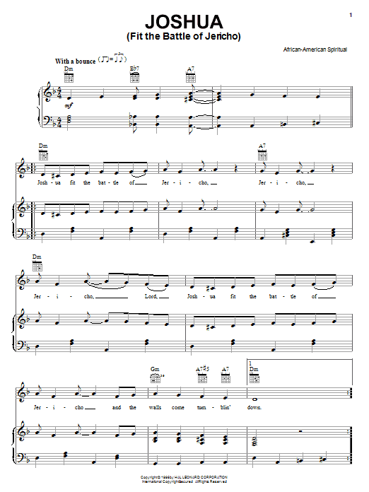 Preview African-American Spiritual Joshua (Fit The Battle Of Jericho) Hymn sheet music, notes and chords for Piano, Vocal & Guitar (Right-Hand Melody), SKU: 16661 sheet music, piano notes, chords, guitar tabs, score, transpose, transcribe, how to play, guide, download, learn, tutorial, progression, song, artist, awards, billboard, mtv, vh1, tour, single, album, release